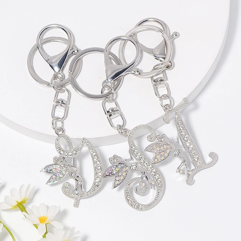 Zilver Metalen Letter Sleutelhanger Met Fee Strass Alfabet Initiaal Sleutelring Voor Vrouwen Tas Sieraden Accessoire