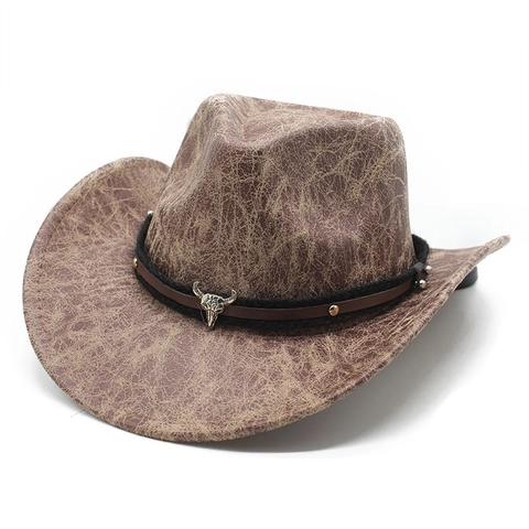 Chapeau De Cow-Boy Western Vintage Suédine Cuir PU Texture Craquelée Bord Large Décor Crâne De Taureau Rétro Fedora
