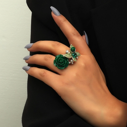 Vintage Rose Flower Butterfly Adjustable Ring Alloy Resin Rhinestone Bohemian Ethnic Style Jewelry For Women