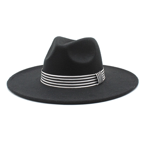 Fedora Hat Wool Felt Wide Brim Striped Grosgrain Band Western Vintage Jazz Panama Style Unisex Autumn Winter