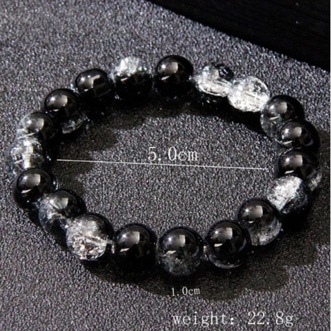 Black White Glass Beaded Bracelet Men Cracked Pattern Elastic Wristband Fashionable Minimalist Jewelry Accessory