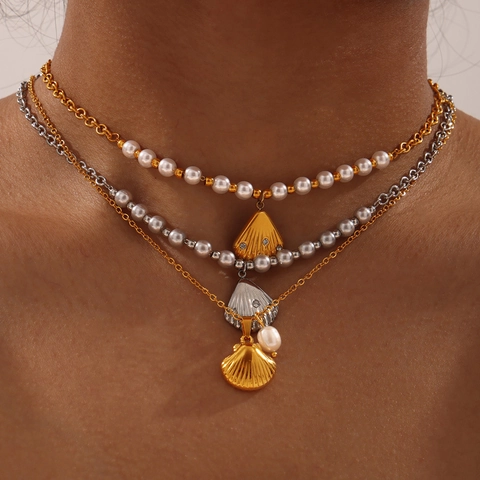 Set Gioielli Ciondolo Conchiglia Acciaio Titanio Perla Acqua Dolce E Strass Stile Francese Collana Orecchini Donna