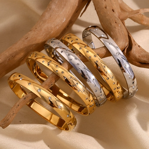 Edelstahl Armreif 18K Vergoldet Stern Mond Böser Blick Oktagramm Weißer Zirkon Himmlischer Minimalistischer Schmuck
