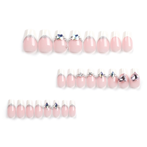 Uñas Postizas French Tip Rosa Nude Blanco Con Pedrería De Corazón Mariposa Brillo Largas Coffin Uñas Para Mujeres
