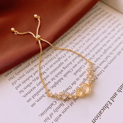 Gourd Bowknot Adjustable Bracelet Copper With Zircon And Cat Eye Stone Elegant Korean Style Fashion Jewelry For Women