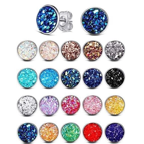 Round Druzy Stud Earrings Stainless Steel Sparkling Resin Mixed Color Trendy Fashion Jewelry For Women
