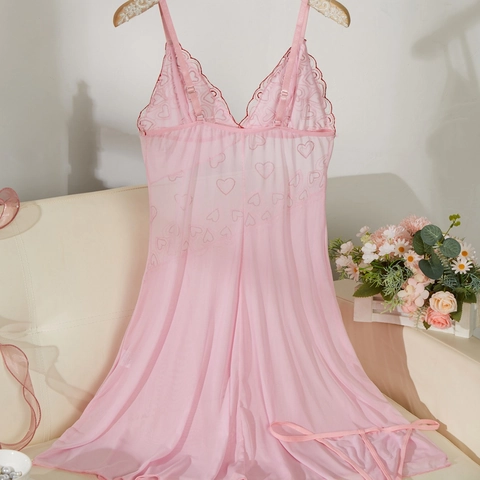 Rosa Herz Stickerei Mesh Dessous Nachthemd Und G-String Sexy V-Ausschnitt Schleife Spitze Süße Nachtwäsche