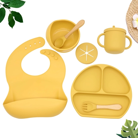 Baby Feeding Set Silicone BPA Free Suction Bowl Divided Plate Bib Cup Wooden Handle Spoon Fork Toddler Self Feeding