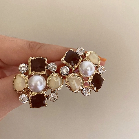 Orecchini A Lobo Fiore Vintage Con Perla Artificial Imitazione Smalto Strass E Perno In Argento Stile Retrò Francese Donna