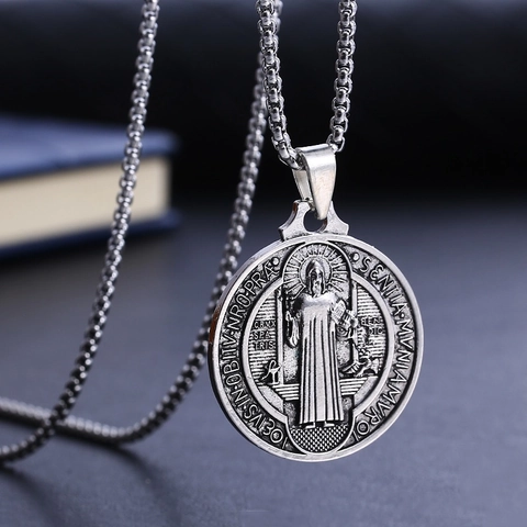 Collana Con Pendente Medaglia San Benedetto In Acciaio Inossidabile Gioiello Protezione Religiosa Vintage Per Uomini Donne