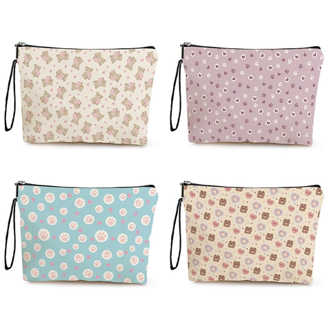 Cute Cartoon Bear Cat Print Makeup Bag Polyester Linen Canvas Zipper Toiletry Bag With Handle For Women Girls