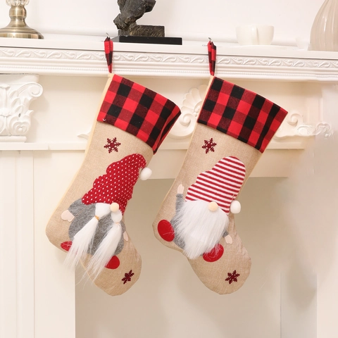 Christmas Stocking Gift Bag Linen Burlap Plaid Faceless Gnome Swedish Tomte Fireplace Hanging Holiday Decoration