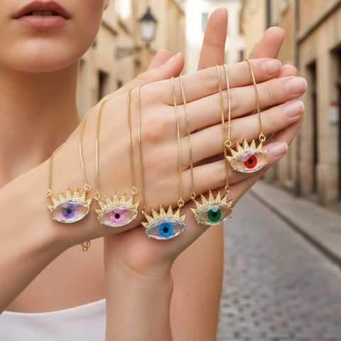 Collana con Ciondolo Malocchio in Rame Placcato Oro Bohémien Zirconia Intarsiato Gioielli di Moda per Donna Regalo