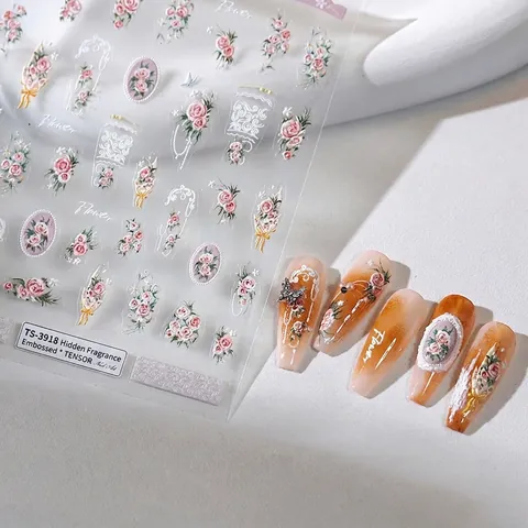 Nail Stickers 5D Embossed Rose Flower Lace Vintage French Style Self Adhesive 3D Relief Manicure Decoration For Women