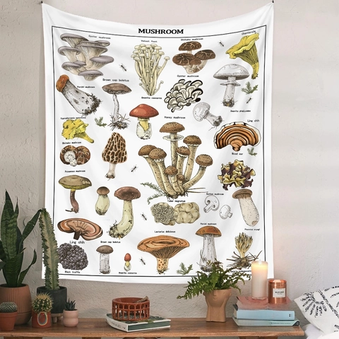 Vintage Wildflower Mushroom Tapestry Wall Hanging Polyester Fabric Botany Illustration Bohemian Aesthetic Decor