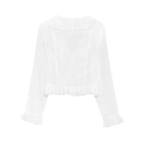 Damen Weiße Chiffon Bluse Rüschen V Ausschnitt Langarm Crop Top Elegant Lässiges Modisches Hemd