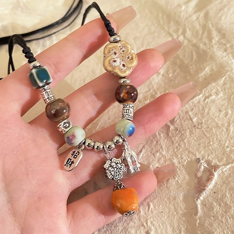 Collar De Cuentas De Cerámica Colgante De Flor De Aleación Estilo Chino Retro Cuerda Tejida Ajustable Para Mujer
