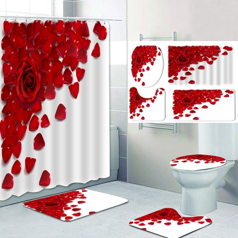Tenda Da Doccia Floreale Con Rosa Rossa E Tappetino Da Bagno E Copertura Per Il Coperchio Del Water Tessuto Poliestere Impermeabile Arredamento Bagno