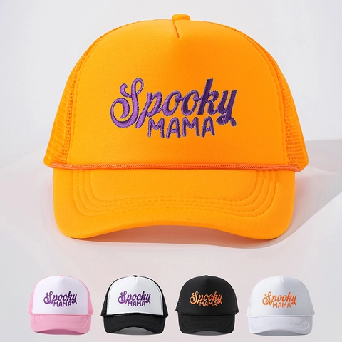 Cappello Trucker Ricamato Spooky MAMA Mesh Traspirante Regolabile Protezione Solare Esterno Stile Halloween Per Donne
