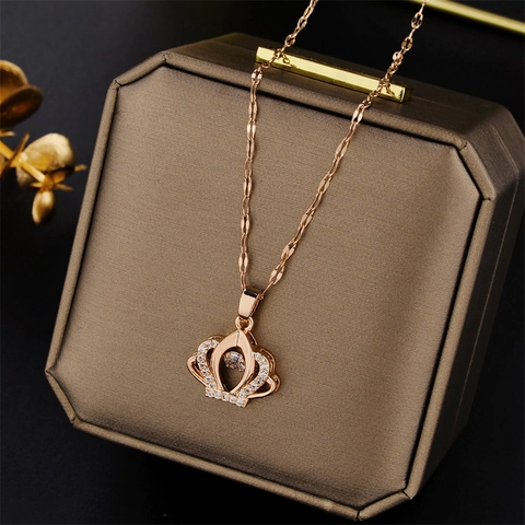 Titanstahl Tanzender Stein Krone Anhänger Halskette Für Damen Mikro Eingelegte Strass Gold Roségold Schlüsselbeinkette Schmuck