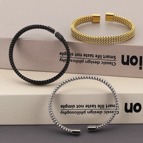 Roestvrijstalen Gevlochten Mesh Open Bangle Armband Met Magnetische Sluiting Minimalistisch Unisex Sieraad