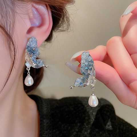 Pendientes De Gota De Mariposa Con Cristal Azul Y Perla Artificial De Imitación Pasador De Plata De Ley 925 Joyería Elegante