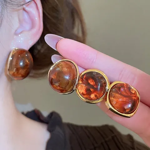 Vintage Amber Resin Geometric Stud Earrings With 925 Sterling Silver Earring Post Maillard Style Marble Texture For Women