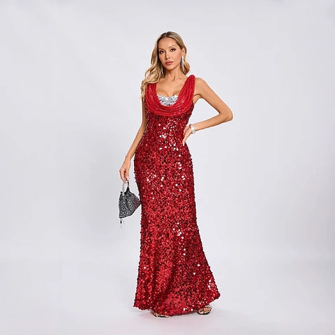 Abito Da Sera Paillettes Rosso Argento Patchwork Scollo A Cappuccio Sexy Maxi Abito Da Donna Festa Natale Sirena Schiena Scoperta
