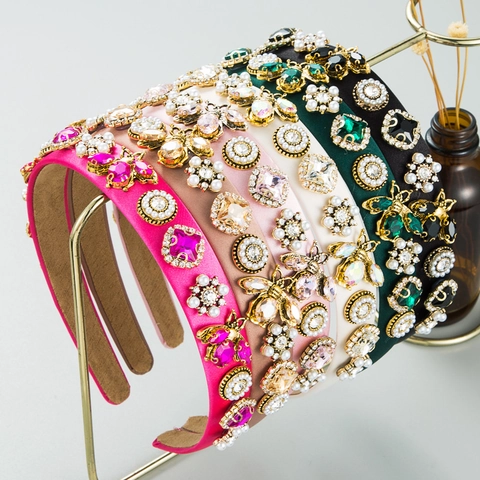 Vintage Baroque Headband Satin Rhinestone Faux Artificial Pearl Gold Bee Decoration Fashion Hair Hoop Hair Accessory For Women