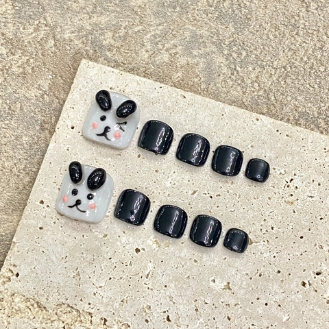 3D Cartoon Panda Ears Press On Toenails Black And White Glossy Resin Cute Hand-painted Full Cover Fake Toe Nails For Women