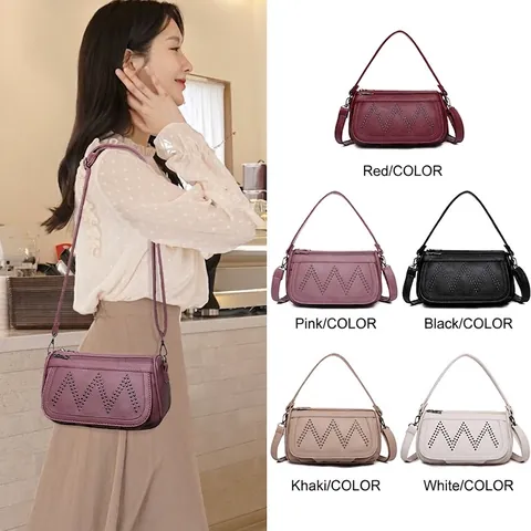 Umhängetasche Damen PU Leder Lychee Muster Nieten M Multi Reißverschluss Große Kapazität Schultertasche Retro Stil