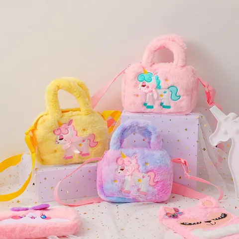 Kids Plush Unicorn Crossbody Shoulder Bag Cartoon Embroidery Handbag For Girls Cute Dual Use Soft Purse