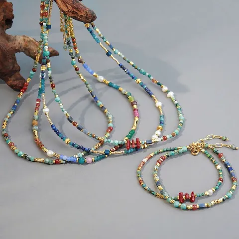 Collana Di Perle Bohémien Con Turchese Africano Naturale Corallo Rosso Perla D'acqua Dolce Rame Placcato Oro