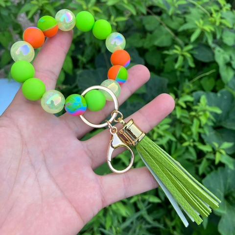 Silicone Bead Keychain Bracelet With PU Tassel Alloy Clasp Geometric Candy Color Wristlet For Women Men