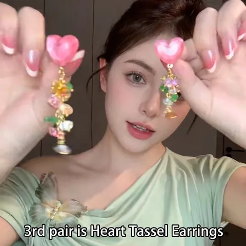 Heart Crystal Tassel Dangle Earrings With Silver Earring Post Long Drop Flower Colorful Beads Sweet Jewelry For Women