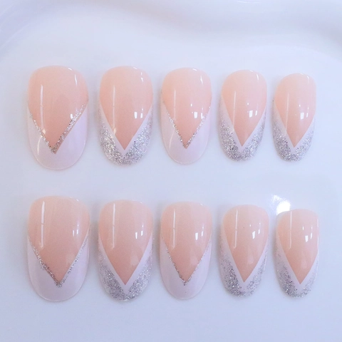 Uñas Postizas Press On Forma Almendra French V-Tip Brillo Plateado Rosa Nude ABS Para Mujeres Elegante Minimalista