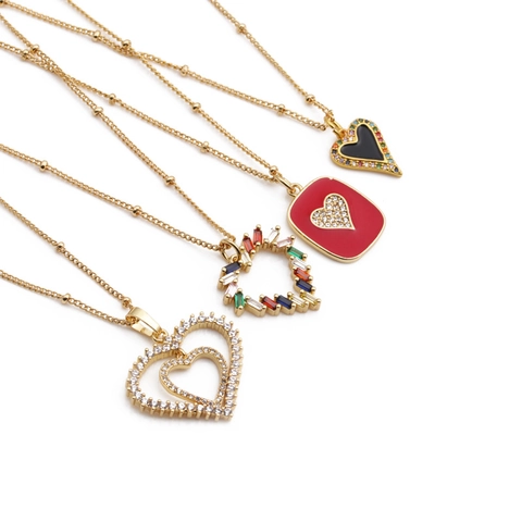 Heart Pendant Necklace Copper Zircon Colorful Enamel Hollow Double Layer Beaded Satellite Chain Fashion Jewelry For Women