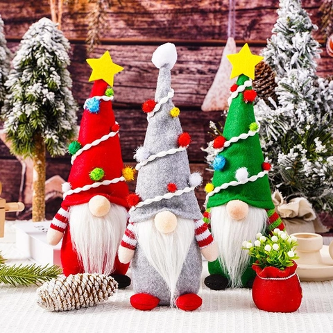 Gnome De Noël Poupée Sans Visage Feutre Peluche Chapeau Pointu Étoile Pompons Colorés Ornement Table Décoration Arbre
