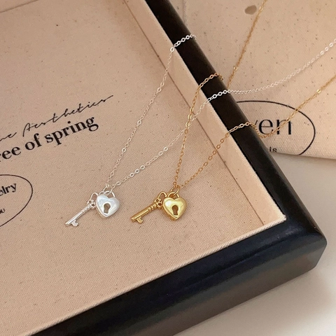 Heart Lock And Key Pendant Necklace 925 Sterling Silver Minimalist Korean Style Chic Accessory Jewelry Gift For Women