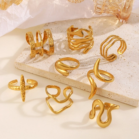 Anillo Abierto Geométrico Irregular De Acero Inoxidable Chapado En Oro De 18K Ajustable Línea Ondulada Joyería De Moda Minimalista Mujer