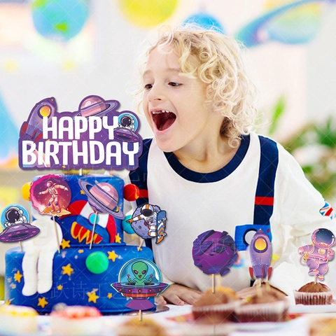 Astronaut Space Theme Birthday Party Decorations Paper Cardboard Banner Hanging Swirls Cake Toppers For Kids Party Supplies