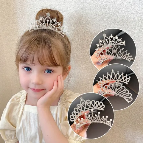Pettine Per Capelli A Corona Da Principessa Per Bambini Strass Finta Perla Artificial Lega Tiara Scintillante Ragazze Festa Copricapo Elegante