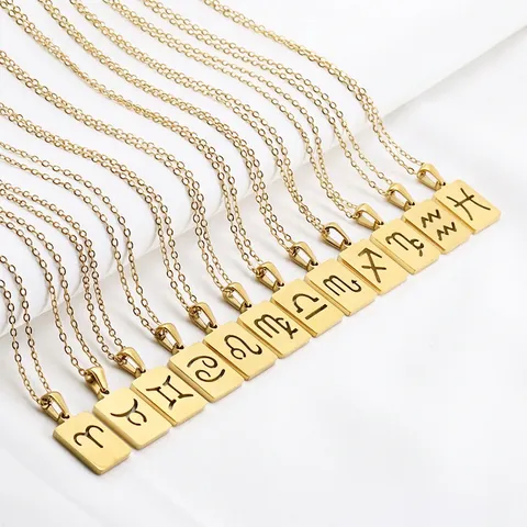 Collana Zodiaco Acciaio Inossidabile Placcato Oro 18K Pendente Rettangolare Cavo Segno Astrologia Gioielli Donna Moda