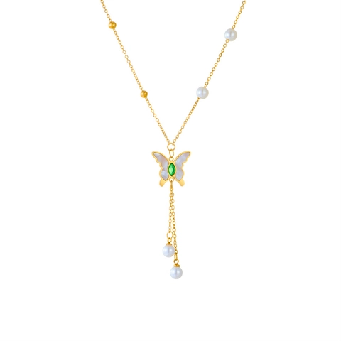 Collar Colgante De Mariposa Acero De Titanio Con Nácar Y Piedra Preciosa Verde Borla De Perlas Artificiales Joyas Elegantes Para Mujer