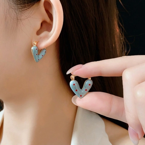 Polka Dot Heart Hoop Earrings Alloy Enamel Glazed Finish With Silver Earring Post Retro Fashion Jewelry