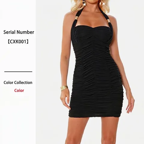 Women Halter Neck Mini Dress Ruched Bodycon Backless Party Clubwear Sleeveless Polyester With Gold Metal Buckle