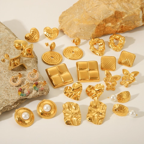Pendientes Acero Inoxidable Textura Martillada Bañado Oro 18K Corazón Mariposa Estrás Perla Artificial Geométrico Mujer