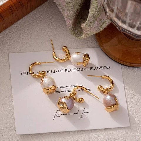 French Vintage Copper Natural Pearl Drop Earrings With 925 Sterling Silver Post Gold Foil Baroque Pearl Earrings For Women
