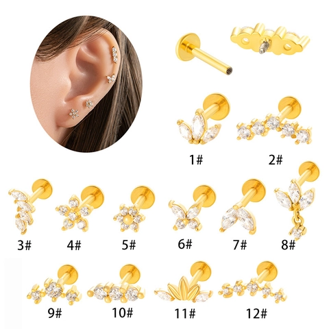 Gioielli Da Piercing Labret In Acciaio Inossidabile Filettatura Interna Zircone Fiore Farfalla Cartilagine Donna