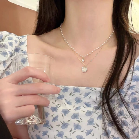 Collar De Doble Capa Con Aleación Perla Artificial Colgante De Corazón Ojo De Gato Zircón Elegante Dulce Genial Moda Para Mujeres